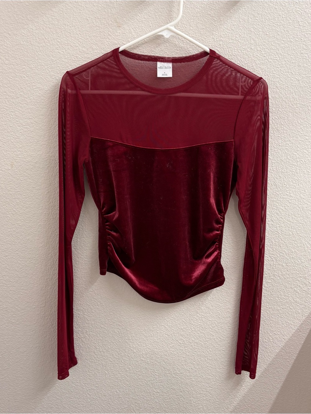 wild fable Burgundy Velvet and Mesh Long-Sleeve Top • Small